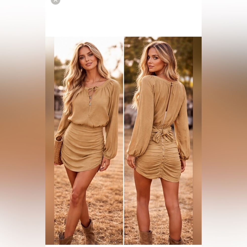 FREE PEOPLE The Only One Mini Dress Womens Small Tan Long Sleeve Ruched *flaw